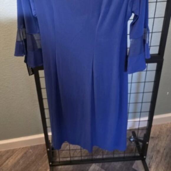 NWT R&M Richards Dress Size 8 Indigo Blue Rhinestone Faux Wrap Mesh Bell Sleeve - Picture 3 of 6